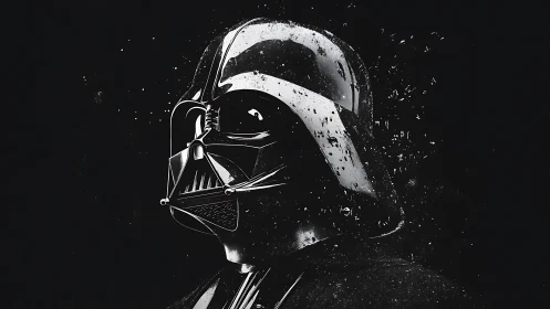 Dark sci fi helmet emerges from shattered monochrome shadows