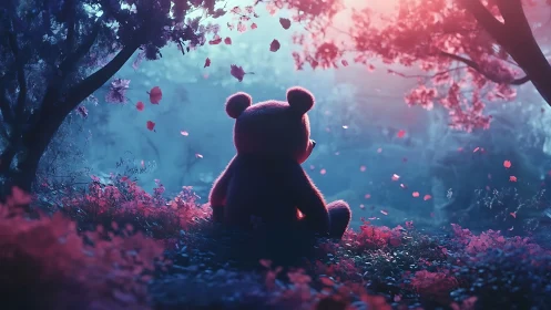 Dreamy teddy bear beneath glowing twilight forest canopy.