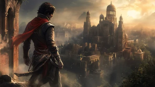 Rogue on balcony watching sunlit fantasy citadel at dusk.