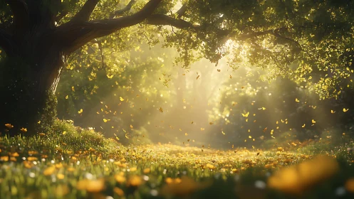 Golden Hour Leaf Cascade Under Arboreal Canopy with Volumetric Light Refraction