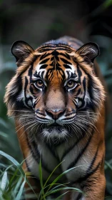 Front-facing tiger stands in dense vegetation and stares ahead