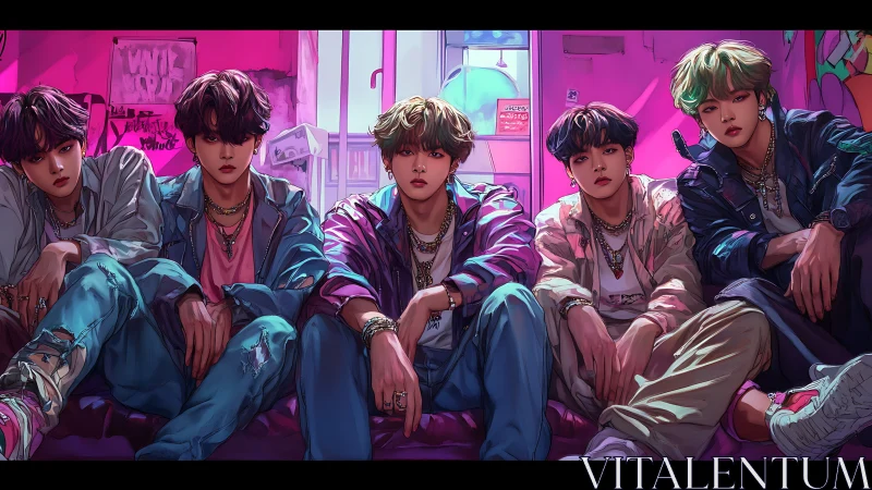 Neon-lit boy band portrait renders stylized urban attitude
