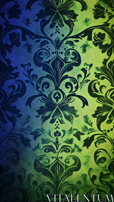 Midnight damask vines over glowing green twilight field.