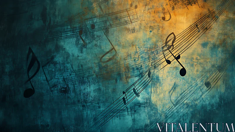 Musical notes stream across teal and gold textured field.