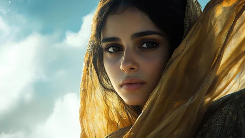 Woman in golden veil gazes softly against luminous sky.