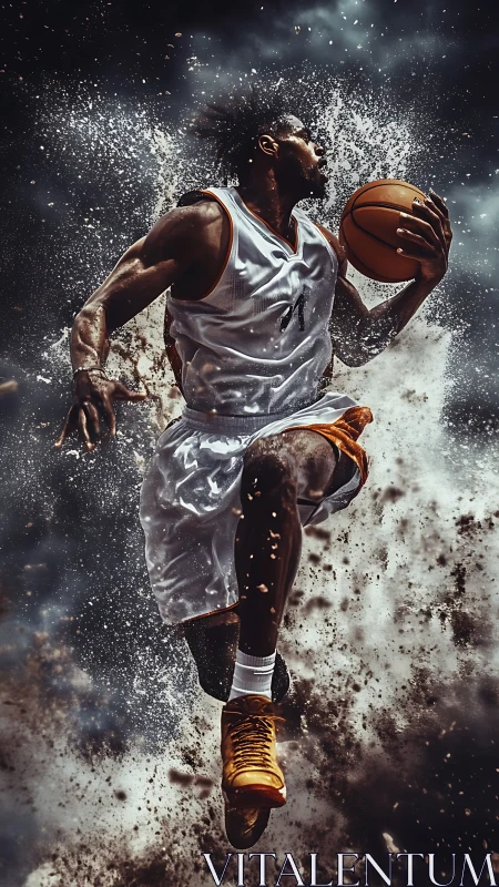 Soaring basketball star frozen in a powerful midair leap.