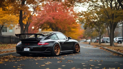 Black sports car rests under vivid autumn street colors