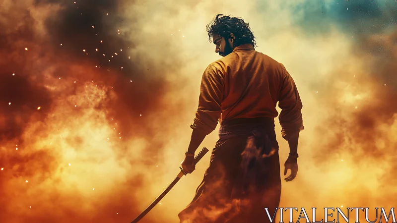 Sword-bearing warrior silhouetted in blazing battle fog.