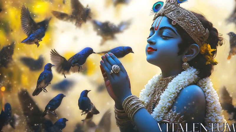 Blue-skinned deity figure with birds in soft golden light.