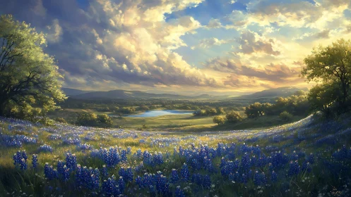 Sunlit wildflower valley with distant lake and sculpted clouds.