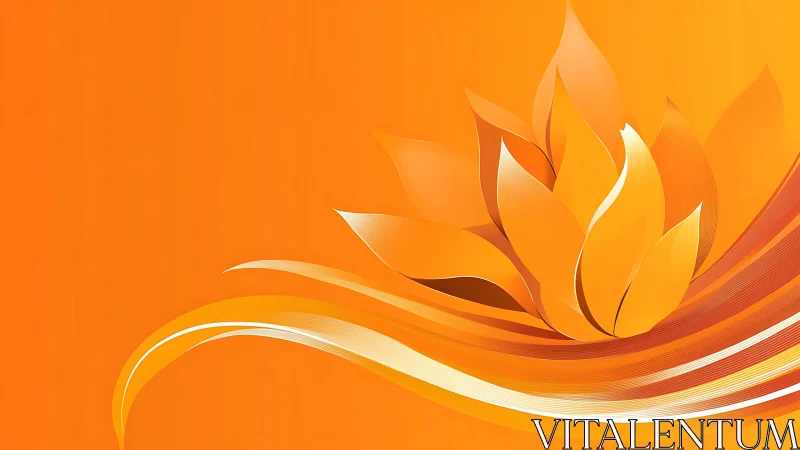 Orange abstract lotus flower and sweeping wave lines design.
