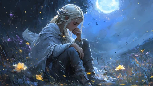 Solitary figure seated in moonlit wildflower clearing at night.