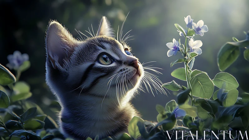 Kitten in Garden Gazes Upward Among Blooms.