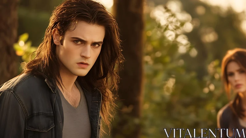 Young man with long hair in soft forest background view.