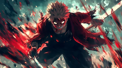 Dynamic anime swordsman lunges forward with dual blades, blood spray