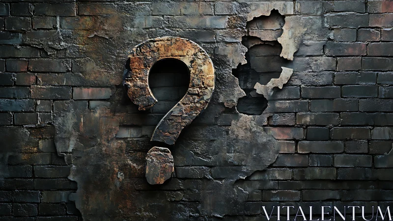Rusted question mark emerges from a cracked urban brick wall