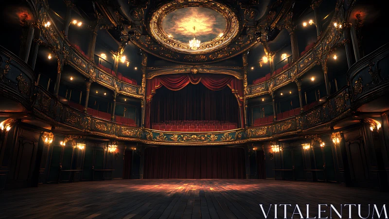 Ornate multi-tiered theater interior with closed stage curtain.