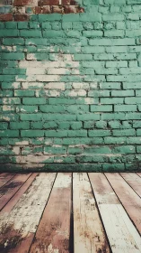 Weathered turquoise brick wall with worn wooden floorboards.
