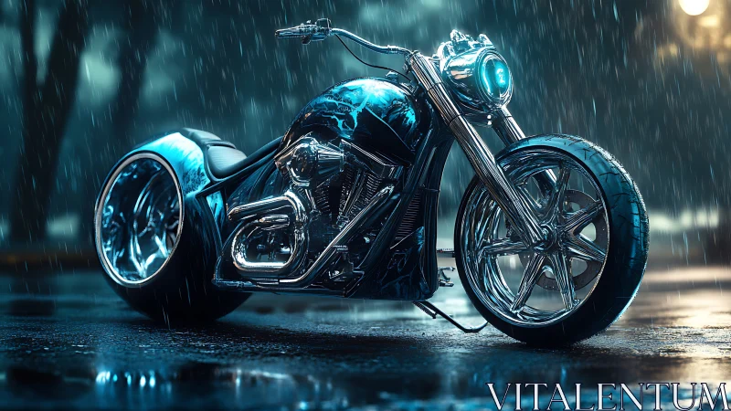 Custom chopper motorcycle is rendered on wet street at night