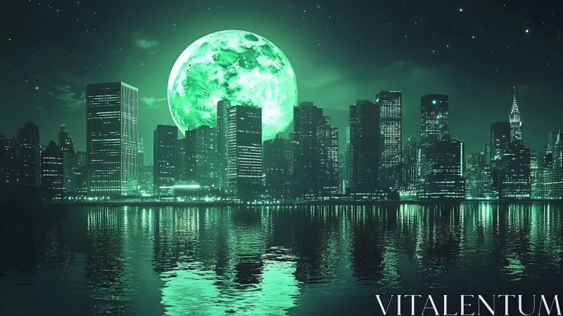 Neon moonrise over reflective futuristic city skyline.