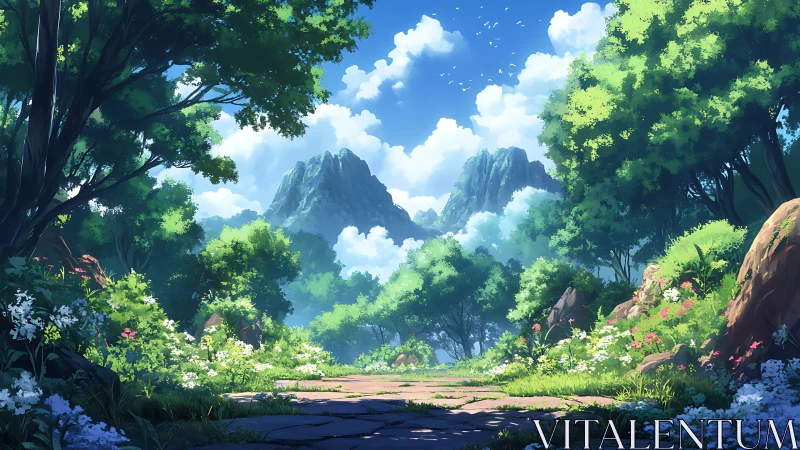 Lush Fantasy Valley Framed by Towering Mountain Peaks.