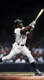Baseball batter in striped uniform completing powerful swing.