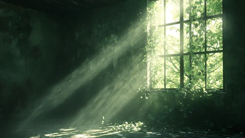Sunlit abandoned room with overgrown window and ivy.