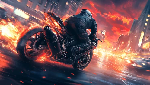 Cyberpunk firetrail superbike in dynamic urban motion study.