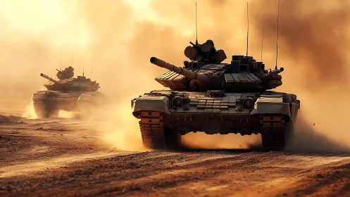 Main battle tanks advance through desert dust in golden light