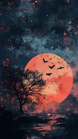 Blood-red lunar disc silhouettes tree and migrating bats at dusk