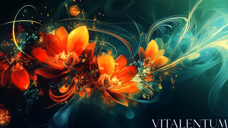 Digital rendering depicts stylized orange flowers on dark field