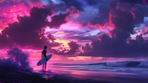 Surfer watches neon sunset skies ignite the rolling ocean