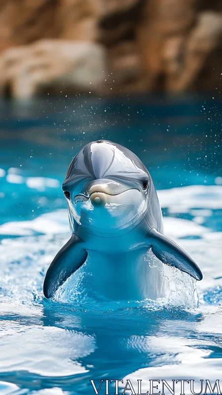 Playful dolphin rises from bright blue water with a splash