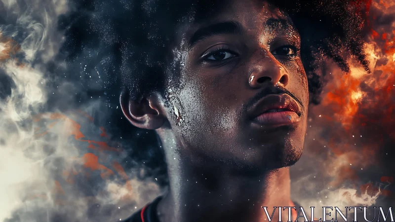 Fiery portrait celebrates strength in a storm of glowing smoke