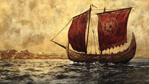Weathered longship under crimson sails on stormy seas.