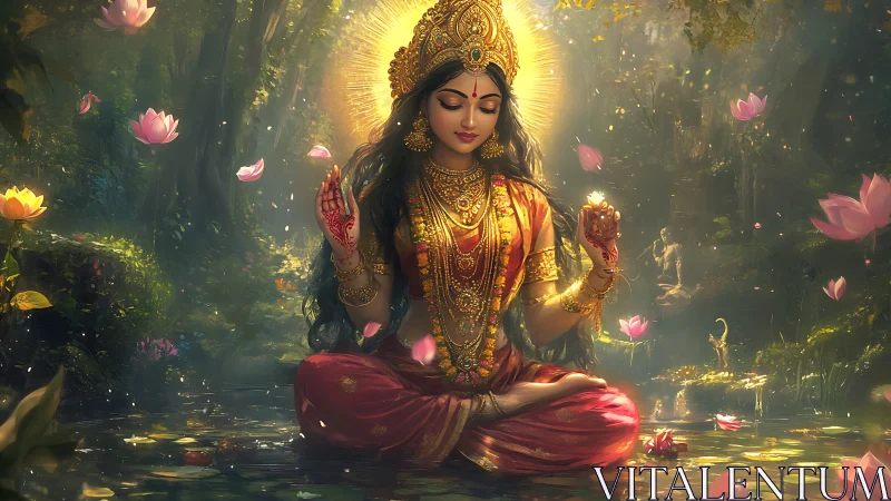Golden goddess in lotus pond amid radiant forest aura.