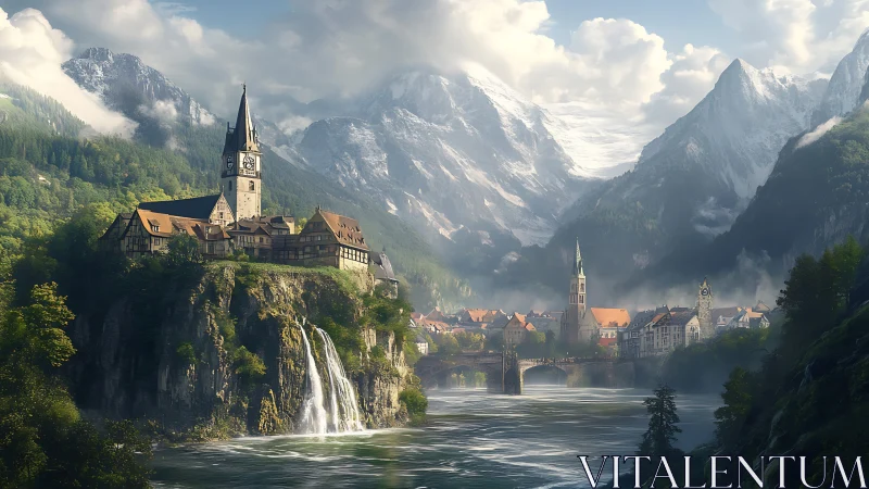 Mountain town with river, waterfalls, and church spires.