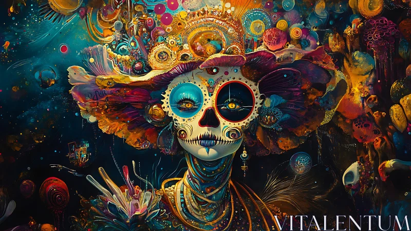 Luminous calavera portrait amid cosmic florals in neon chroma.