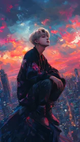 Neon city rooftop portrait under painterly sunset sky.