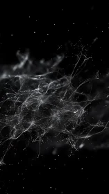 Abstract white particle web on deep black background.