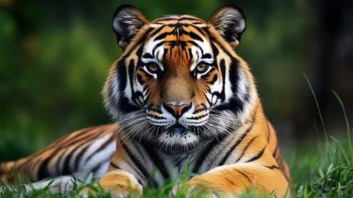 Resting Bengal tiger holds steady gaze in lush grass
