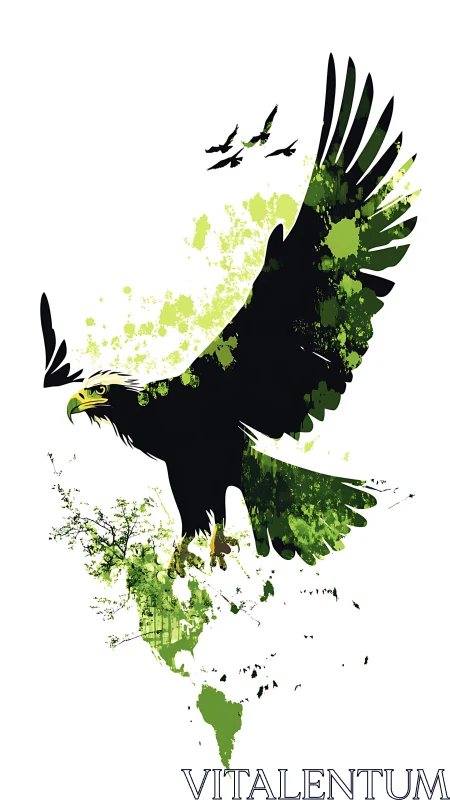 Soaring green eagle brushed with maps and wild city light.