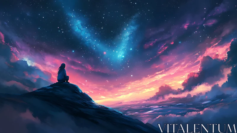 Silhouette on ridge under starry sky and vivid sunset clouds.