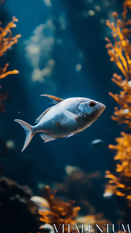 Silver reef fish drifting through teal depths and kelp forest.