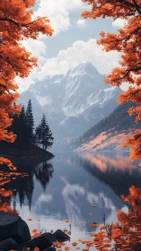 Autumn-framed alpine lake reflection under towering peaks.