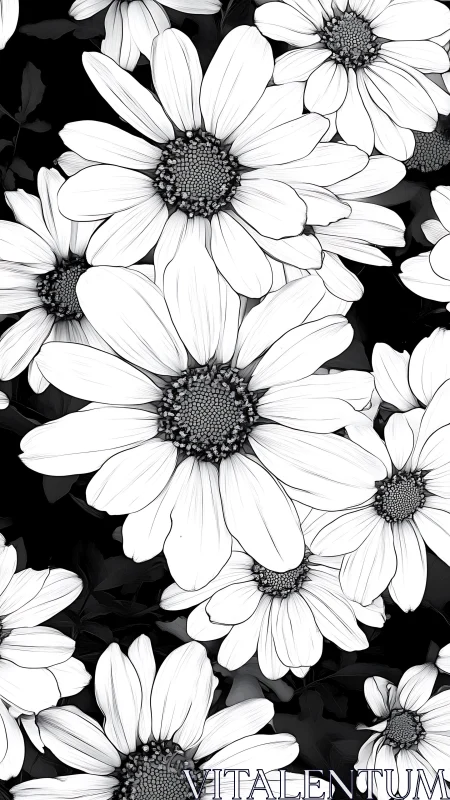 Black and White Daisy Composition with Radiating Petals.