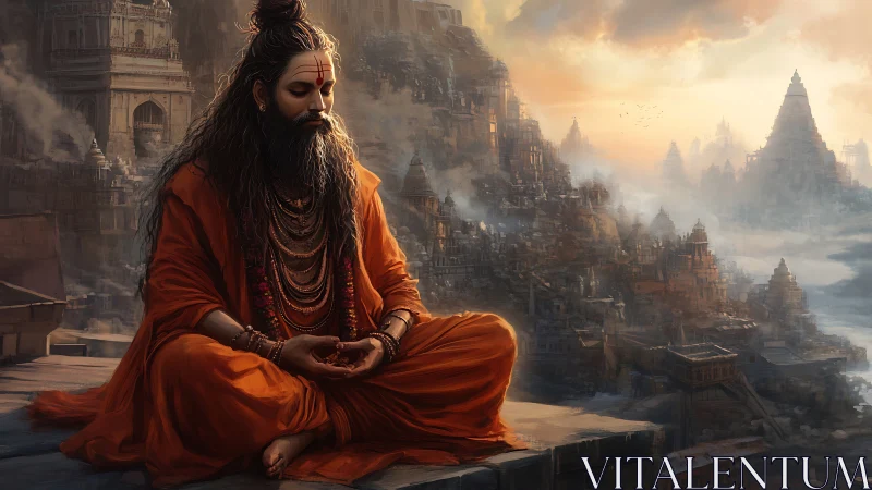 Meditating sage overlooks misty ancient city at sunrise