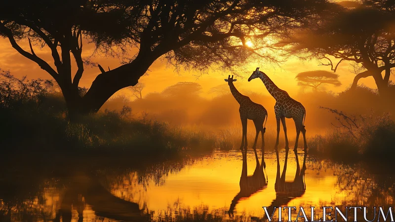 Backlit giraffes in atmospheric savanna hydrological reflection.