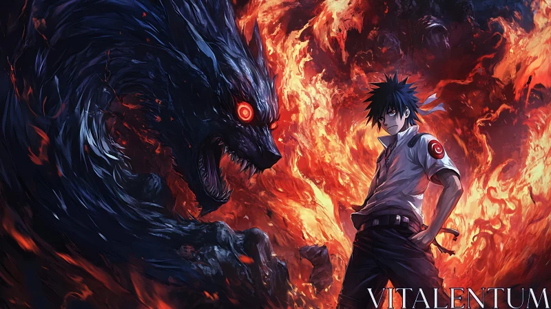 Fiery anime warrior confronts infernal wolf of living flame.