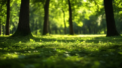 Sunlit Forest Floor with Lush Greenery in Soft Focus Style.